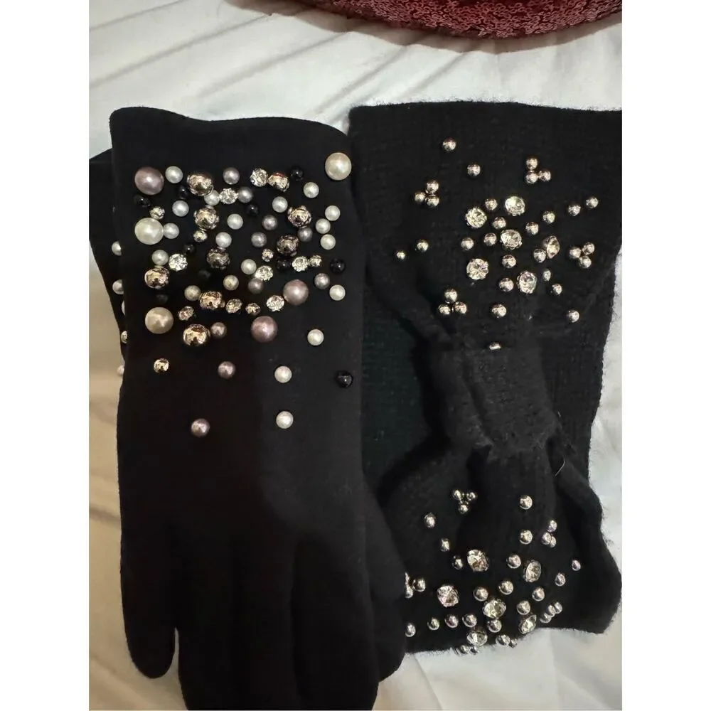 3 piece bling pearl studded headband/w knit fleece lined mittens/gloves